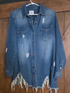 Almost Famous Distressed Blue Denim Shacket with Frayed Hem
